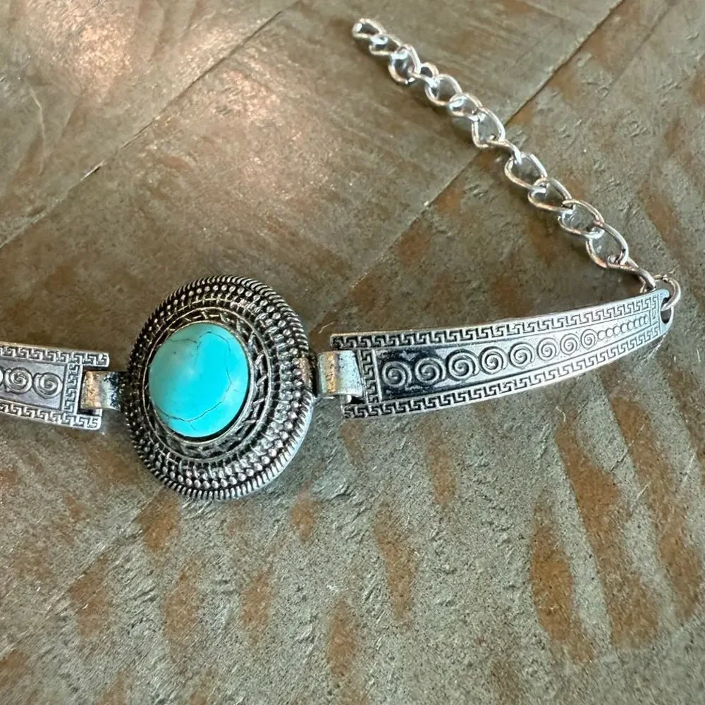 Native American Navajo Bracelet Silver Tone Turquoise 7" Cuff Round Center 1" - Picture 4 of 5